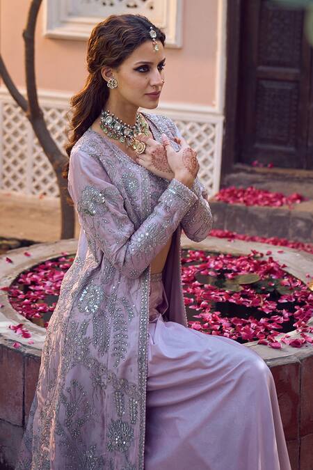 Buy_Lashkaraa_Pink Satin Sequins, Zari V-, Round And Embroidered Jacket Set_Online_at_Aza_Fashions