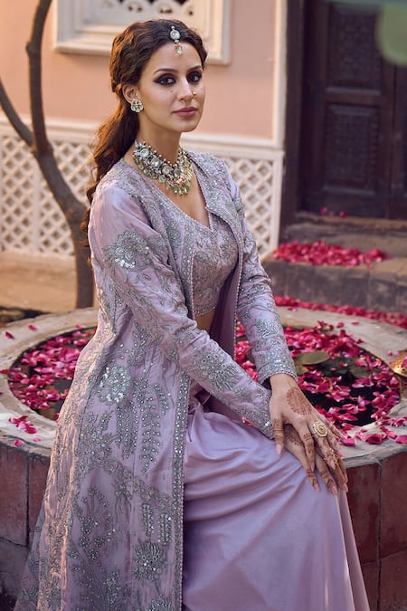 Shop_Lashkaraa_Pink Satin Sequins, Zari V-, Round And Embroidered Jacket Set_Online_at_Aza_Fashions