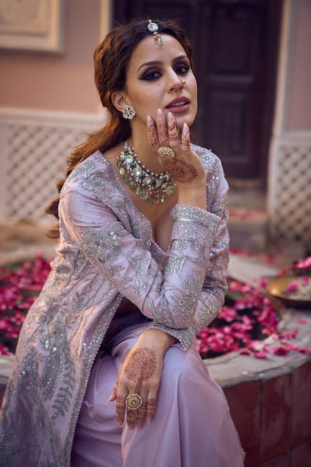 Lashkaraa_Pink Satin Sequins, Zari V-, Round And Embroidered Jacket Set_at_Aza_Fashions