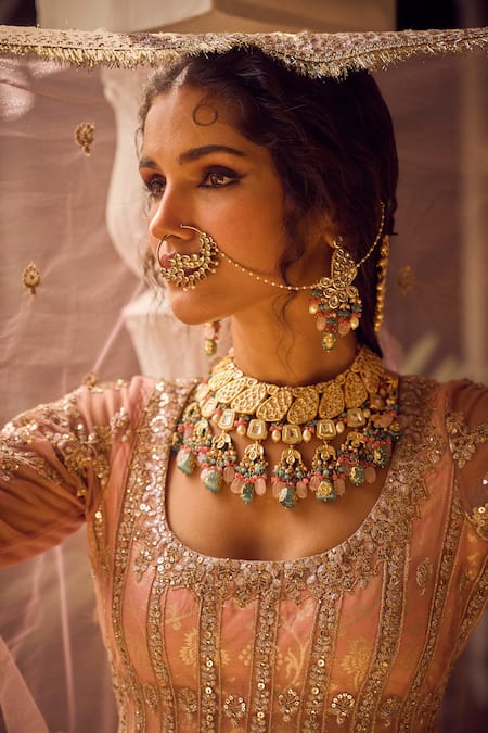 Lashkaraa Pink Net, Satin Sequins, Stones, Zari, Tassels Light Embroidered Anarkali Set Online at Aza Fashions Lashkaraa_Pink Net, Satin Sequins, Stones, Zari, Tassels Light Embroidered Anarkali Set _Online_at_Aza_Fashions