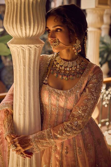 Lashkaraa Pink Net, Satin Sequins, Stones, Zari, Tassels Light Embroidered Anarkali Set at Aza Fashions Lashkaraa_Pink Net, Satin Sequins, Stones, Zari, Tassels Light Embroidered Anarkali Set _at_Aza_Fashions