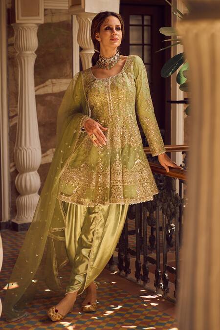 Lashkaraa Green Net Zari, Stones, Embroidery Scoop Neck Floral Kurta Tulip Pant Set Online at Aza Fashions Lashkaraa_Green Net Zari, Stones, Embroidery Scoop Neck Floral Kurta Tulip Pant Set _Online_at_Aza_Fashions