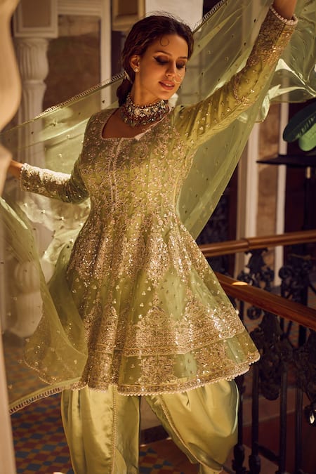 Buy Lashkaraa Green Net Zari, Stones, Embroidery Scoop Neck Floral Kurta Tulip Pant Set Online at Aza Fashions Buy_Lashkaraa_Green Net Zari, Stones, Embroidery Scoop Neck Floral Kurta Tulip Pant Set _Online_at_Aza_Fashions