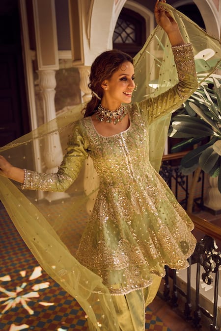 Shop Lashkaraa Green Net Zari, Stones, Embroidery Scoop Neck Floral Kurta Tulip Pant Set Online at Aza Fashions Shop_Lashkaraa_Green Net Zari, Stones, Embroidery Scoop Neck Floral Kurta Tulip Pant Set _Online_at_Aza_Fashions