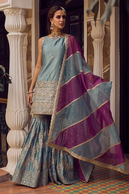 Lashkaraa_Blue Satin Stones, Sequins, Zari Round Neck Floral Bloom Embroidered Kurta Set _Online_at_Aza_Fashions