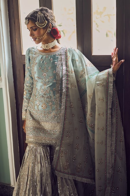 Lashkaraa Blue Satin Sequins, Zari, Stones Round Neck And Embroidered Kurta Gharara Set Online at Aza Fashions Lashkaraa_Blue Satin Sequins, Zari, Stones Round Neck And Embroidered Kurta Gharara Set _Online_at_Aza_Fashions