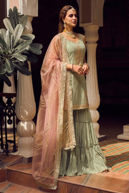 Lashkaraa_Green Georgette Sequins, Zari, Embroidery Mandarin Leaf Neck Kurta Sharara Set _Online_at_Aza_Fashions