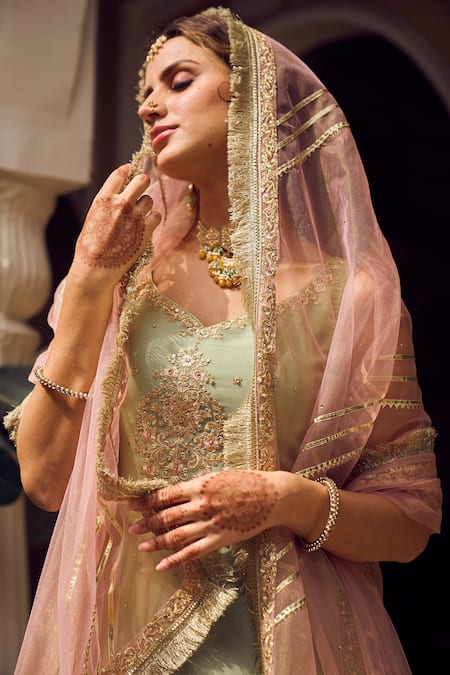 Buy_Lashkaraa_Green Georgette Sequins, Zari, Embroidery Mandarin Leaf Neck Kurta Sharara Set _Online_at_Aza_Fashions