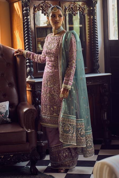 Shop Lashkaraa Purple Satin, Chiffon Sequins, Stones, Zari, Embroidery Floral Jaali Kurta Set Online at Aza Fashions Shop_Lashkaraa_Purple Satin, Chiffon Sequins, Stones, Zari, Embroidery Floral Jaali Kurta Set_Online_at_Aza_Fashions
