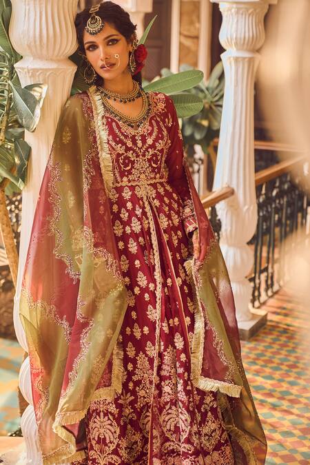 Lashkaraa Maroon Georgette Zari, Sequins, Embroidery, Stones Floral Anarkali Lehenga Set Online at Aza Fashions Lashkaraa_Maroon Georgette Zari, Sequins, Embroidery, Stones Floral Anarkali Lehenga Set_Online_at_Aza_Fashions