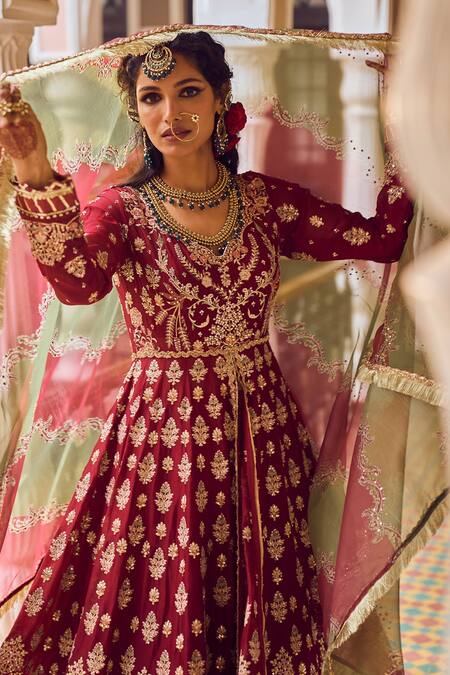 Buy Lashkaraa Maroon Georgette Zari, Sequins, Embroidery, Stones Floral Anarkali Lehenga Set Online at Aza Fashions Buy_Lashkaraa_Maroon Georgette Zari, Sequins, Embroidery, Stones Floral Anarkali Lehenga Set_Online_at_Aza_Fashions