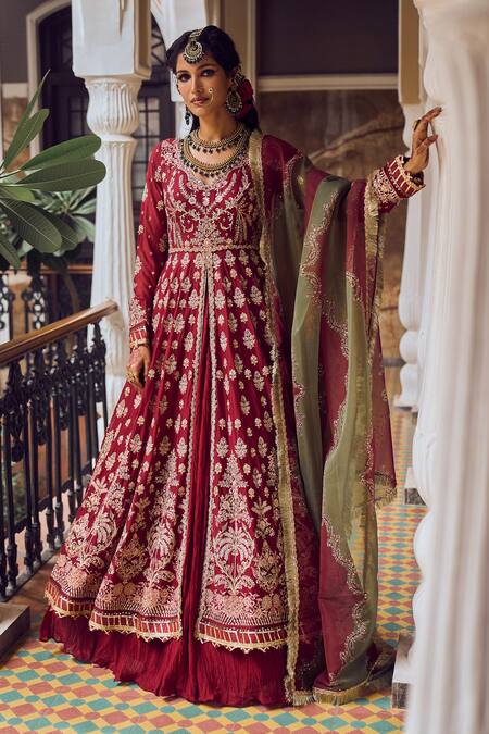 Shop Lashkaraa Maroon Georgette Zari, Sequins, Embroidery, Stones Floral Anarkali Lehenga Set Online at Aza Fashions Shop_Lashkaraa_Maroon Georgette Zari, Sequins, Embroidery, Stones Floral Anarkali Lehenga Set_Online_at_Aza_Fashions