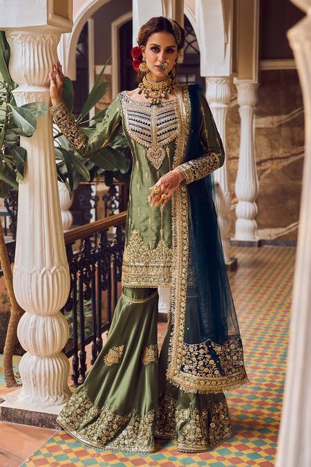 Lashkaraa Green Satin Zari, Stones, Embroidery Boat Neck Kurta Gharara Set Online at Aza Fashions Lashkaraa_Green Satin Zari, Stones, Embroidery Boat Neck Kurta Gharara Set_Online_at_Aza_Fashions