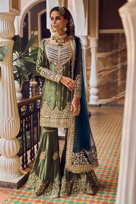 Buy Lashkaraa Green Satin Zari, Stones, Embroidery Boat Neck Kurta Gharara Set Online at Aza Fashions Buy_Lashkaraa_Green Satin Zari, Stones, Embroidery Boat Neck Kurta Gharara Set_Online_at_Aza_Fashions