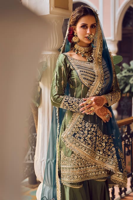 Shop Lashkaraa Green Satin Zari, Stones, Embroidery Boat Neck Kurta Gharara Set Online at Aza Fashions Shop_Lashkaraa_Green Satin Zari, Stones, Embroidery Boat Neck Kurta Gharara Set_Online_at_Aza_Fashions
