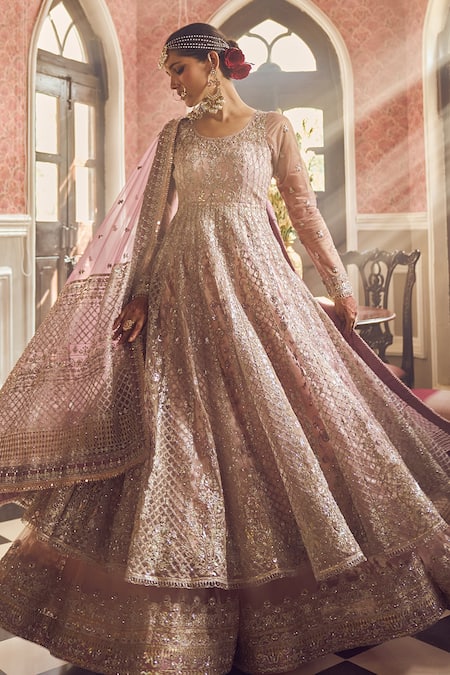 Lashkaraa_Pink Net Zari, Sequins, Embroidery, Stones Round Floral Anarkali Sharara Set_Online_at_Aza_Fashions