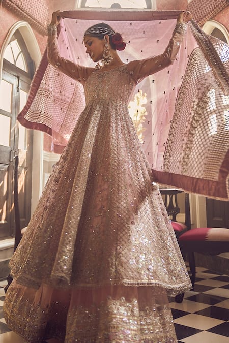 Buy_Lashkaraa_Pink Net Zari, Sequins, Embroidery, Stones Round Floral Anarkali Sharara Set_Online_at_Aza_Fashions