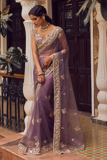 Lashkaraa_Purple Satin, Net Sequins, Zari V-neck Flower Vine Embroidered Pre-draped Saree _Online_at_Aza_Fashions