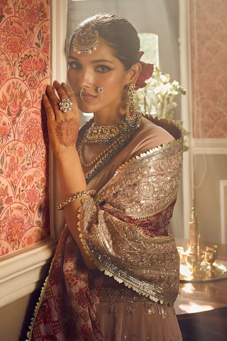 Shop_Lashkaraa_Pink Silk, Georgette Sequins, Stones, Zari Butti Embroidered Lehenga Set _Online_at_Aza_Fashions