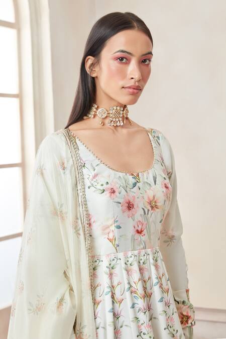 Lashkaraa_White Satin, Linen, Chiffon Embroidery, Gota Patti, Floral Print Kurta Set_Online_at_Aza_Fashions
