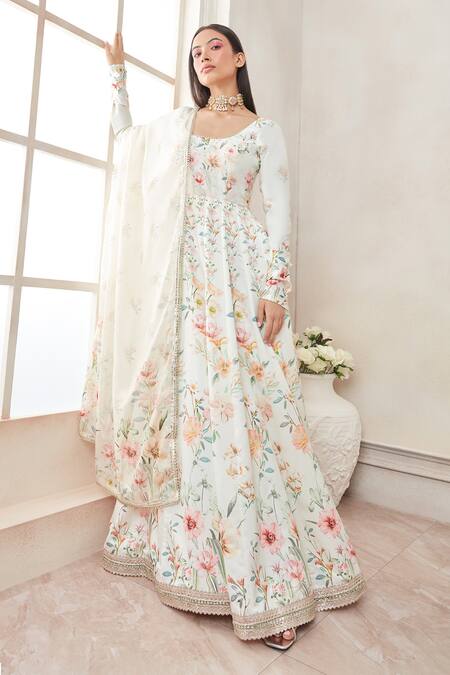 Buy_Lashkaraa_White Satin, Linen, Chiffon Embroidery, Gota Patti, Floral Print Kurta Set_Online_at_Aza_Fashions