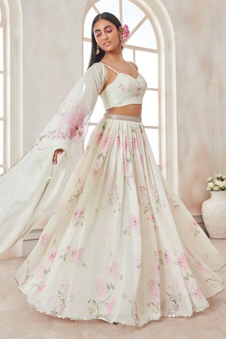 Buy Lashkaraa White Georgette, Satin Embroidery, Sequins, Stones, Floral Printed Lehenga Set Online at Aza Fashions Buy_Lashkaraa_White Georgette, Satin Embroidery, Sequins, Stones, Floral Printed Lehenga Set _Online_at_Aza_Fashions