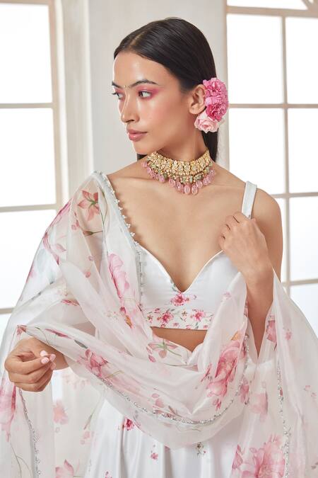 Lashkaraa_White Satin, Linen, Organza Sequins, Embroidery Floral Printed Lehenga Set_Online_at_Aza_Fashions
