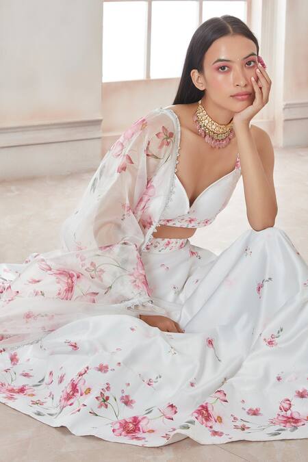 Buy_Lashkaraa_White Satin, Linen, Organza Sequins, Embroidery Floral Printed Lehenga Set_Online_at_Aza_Fashions