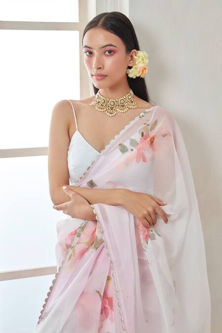 Lashkaraa_White Organza Ombre Floral Printed Saree Set_Online_at_Aza_Fashions