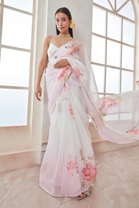 Buy_Lashkaraa_White Organza Ombre Floral Printed Saree Set_Online_at_Aza_Fashions