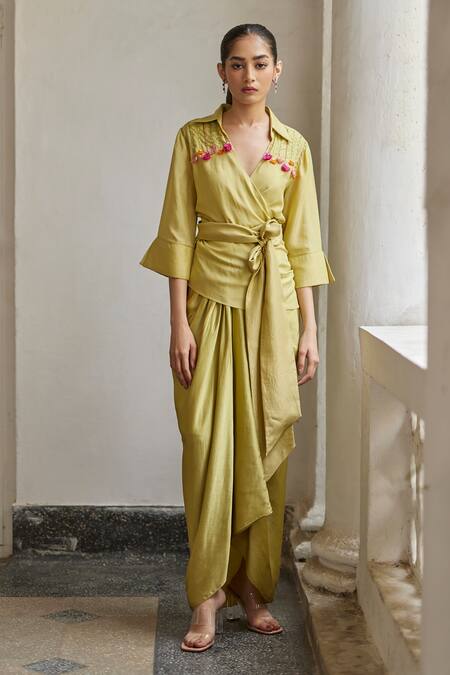 Buy_Betrue_Green Modal, Silk Plain Draped Skirt _Online_at_Aza_Fashions