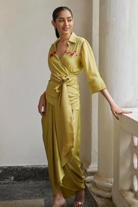 Betrue_Green Silk Embroidery Collared Wrap Shirt _Online_at_Aza_Fashions