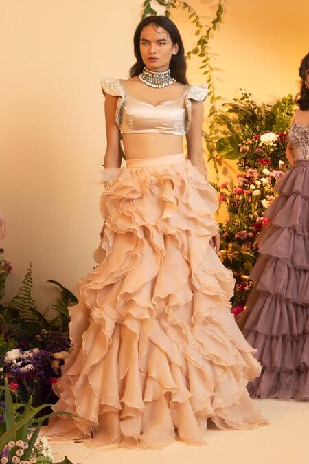 SAANJH BY LEA_Beige Lycra, Satin Pearls, Beads Tisya Ruffle Sleeve Embroidered Blouse_Online_at_Aza_Fashions