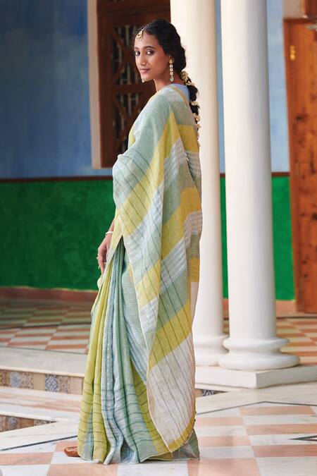 Dressfolk_Multi Color Linen Beads Multicolor Stripe Woven Saree With Running Blouse_Online_at_Aza_Fashions