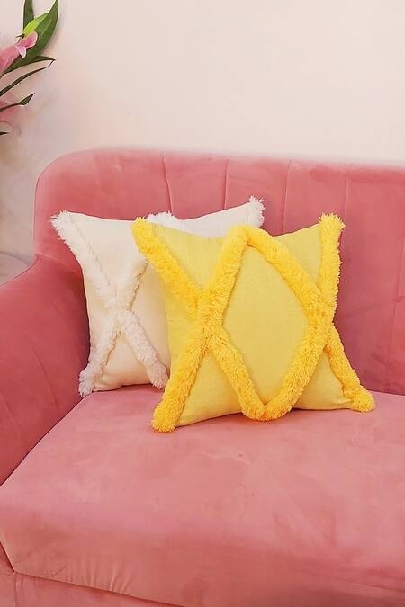 Throwpillow_Yellow Blend Of Cotton And Polyester Geometric Criss Cross Tufted Cushion Cover_Online_at_Aza_Fashions