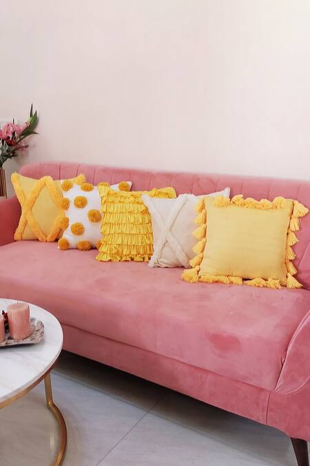 Buy_Throwpillow_Yellow Blend Of Cotton And Polyester Geometric Criss Cross Tufted Cushion Cover_Online_at_Aza_Fashions