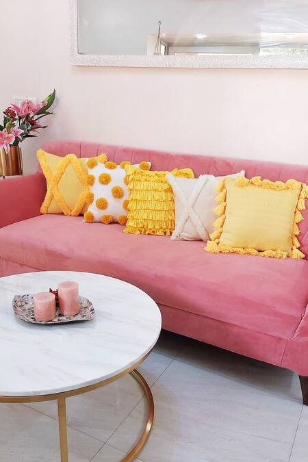 Shop_Throwpillow_Yellow Blend Of Cotton And Polyester Geometric Criss Cross Tufted Cushion Cover_Online_at_Aza_Fashions