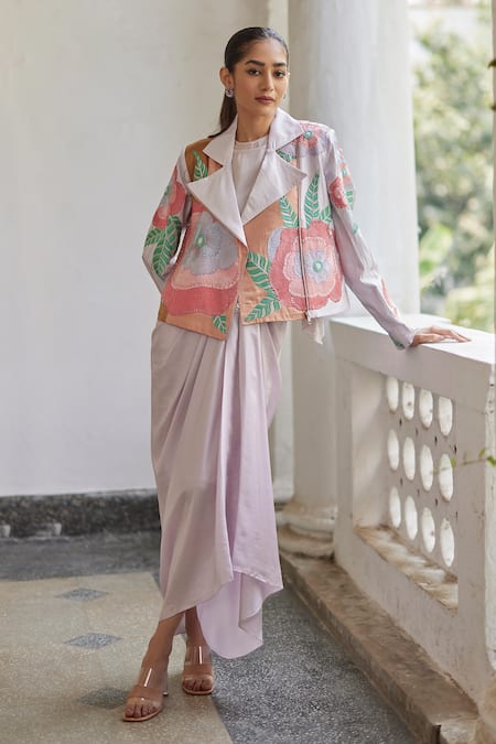 Buy_Betrue_Purple Twill, Silk Solid Draped Skirt _Online_at_Aza_Fashions