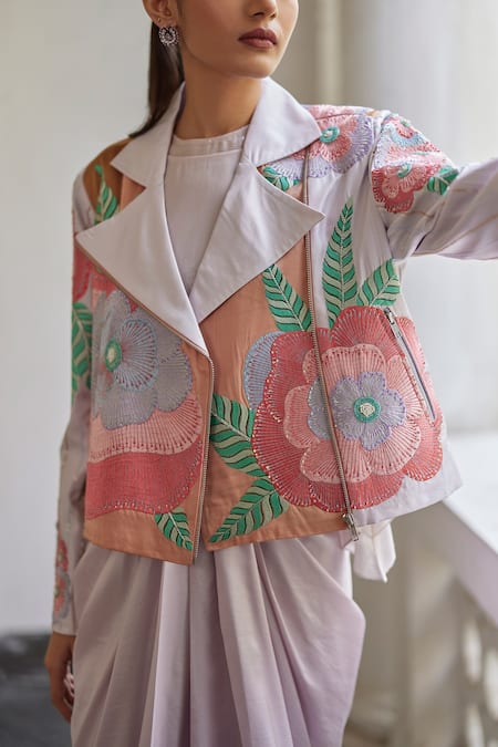 Buy_Betrue_Purple Twill, Silk Sequins Collared Floral Embroidered Jacket _Online_at_Aza_Fashions