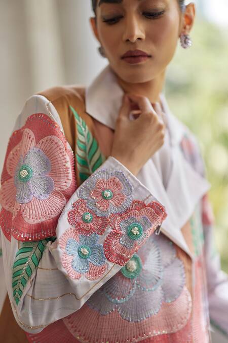 Shop_Betrue_Purple Twill, Silk Sequins Collared Floral Embroidered Jacket _Online_at_Aza_Fashions