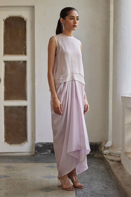 Shop_Betrue_Purple Twill, Silk Solid Draped Skirt _Online_at_Aza_Fashions