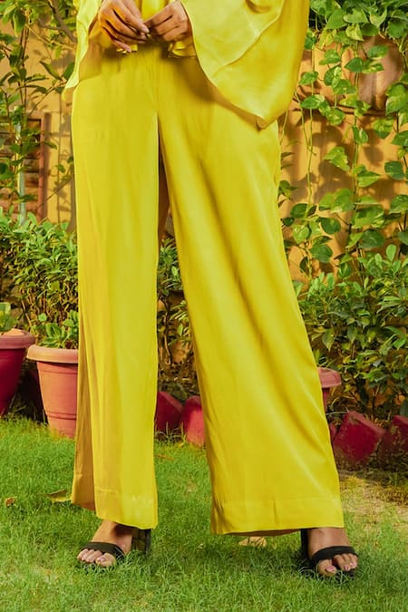 Shop_Omana By Ranjana Bothra_Yellow Satin V-neck Cowl Sleeve Peplum Top And Trouser Set _Online_at_Aza_Fashions