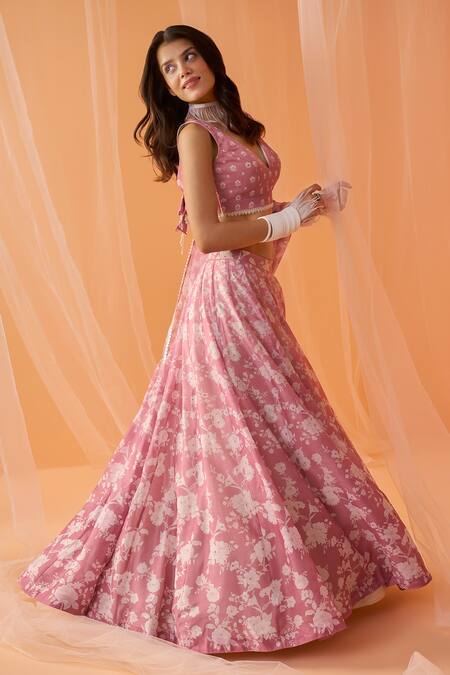 Lashkaraa_Pink Chanderi Sequins, Embroidery V-neck Flower Print Lehenga Set _Online_at_Aza_Fashions