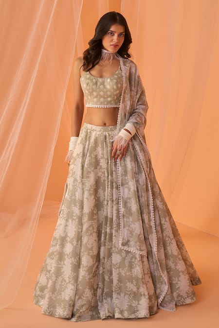 Lashkaraa_Green Chanderi Embroidery Round Neck Floral Print Lehenga Set _Online_at_Aza_Fashions
