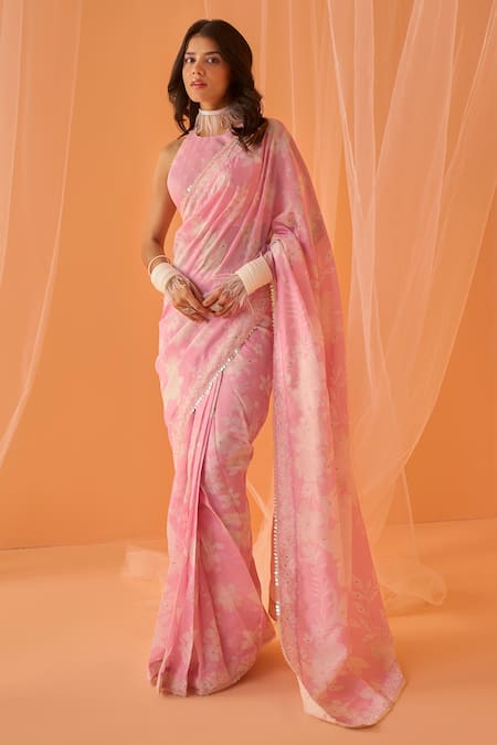 Lashkaraa Pink Chanderi Embroidery Halter Neck Floral Printed Pre-draped Saree Set Online at Aza Fashions Lashkaraa_Pink Chanderi Embroidery Halter Neck Floral Printed Pre-draped Saree Set_Online_at_Aza_Fashions