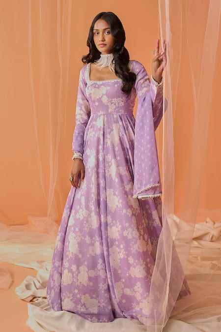 Lashkaraa Purple Chanderi Beads, Embroidery Square Neck, Floral Printed Anarkali Set Online at Aza Fashions Lashkaraa_Purple Chanderi Beads, Embroidery Square Neck, Floral Printed Anarkali Set_Online_at_Aza_Fashions