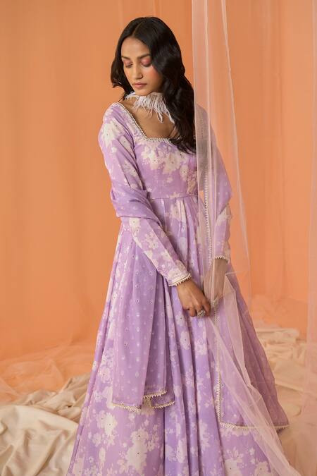 Buy Lashkaraa Purple Chanderi Beads, Embroidery Square Neck, Floral Printed Anarkali Set Online at Aza Fashions Buy_Lashkaraa_Purple Chanderi Beads, Embroidery Square Neck, Floral Printed Anarkali Set_Online_at_Aza_Fashions