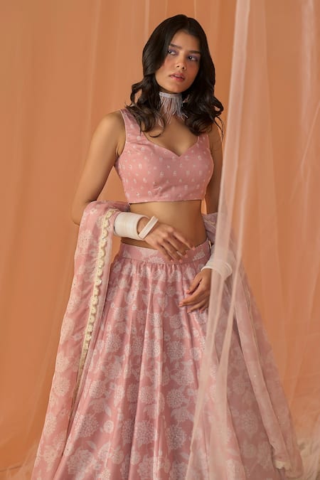 Buy_Lashkaraa_Peach Chanderi Embroidery, Stones Sweetheart Neck Floral Print Lehenga Set _Online_at_Aza_Fashions