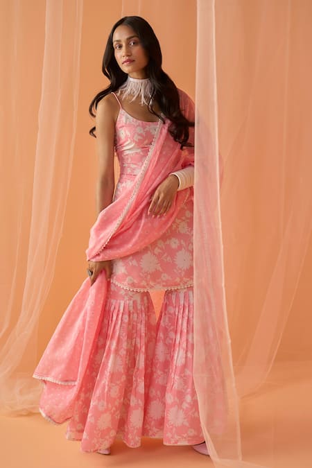 Lashkaraa_Pink Chanderi Embroidery Round Neck Floral Print Kurta Gharara Set _Online_at_Aza_Fashions