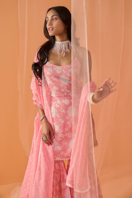 Buy_Lashkaraa_Pink Chanderi Embroidery Round Neck Floral Print Kurta Gharara Set _Online_at_Aza_Fashions